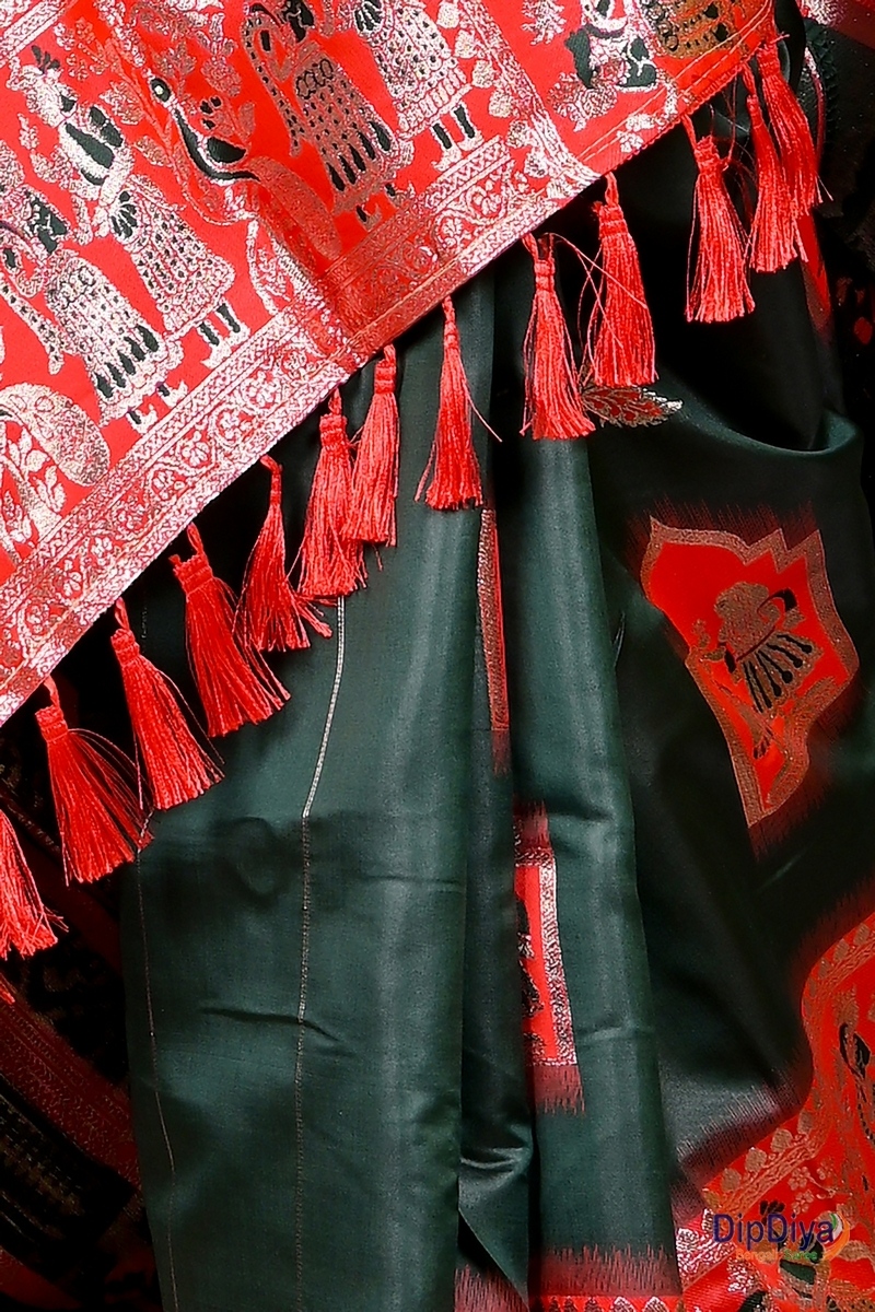 Green Red Cotton Silk Parza Baluchari Saree (581)